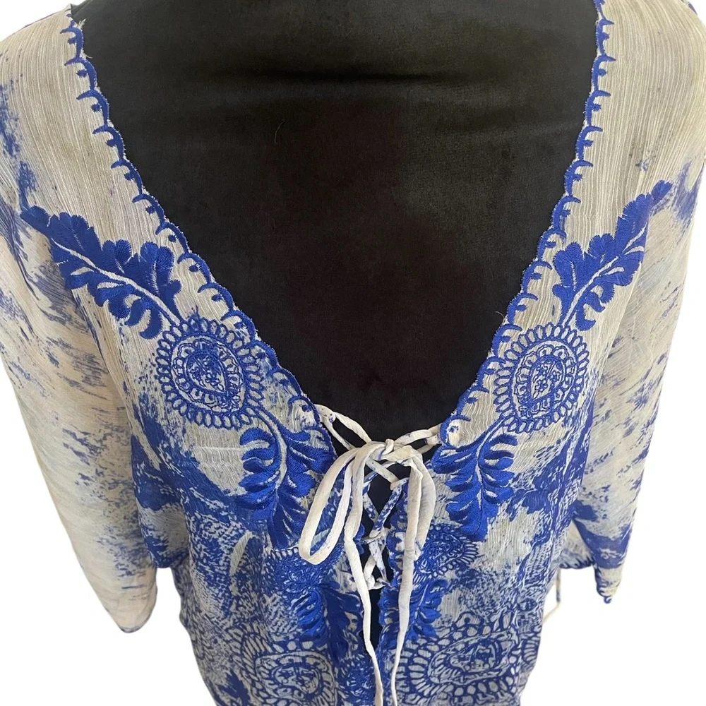 Arden B Blue and White, cream Swim Coverup, tunic, top,V-Neck, Small - Picture 6 of 7